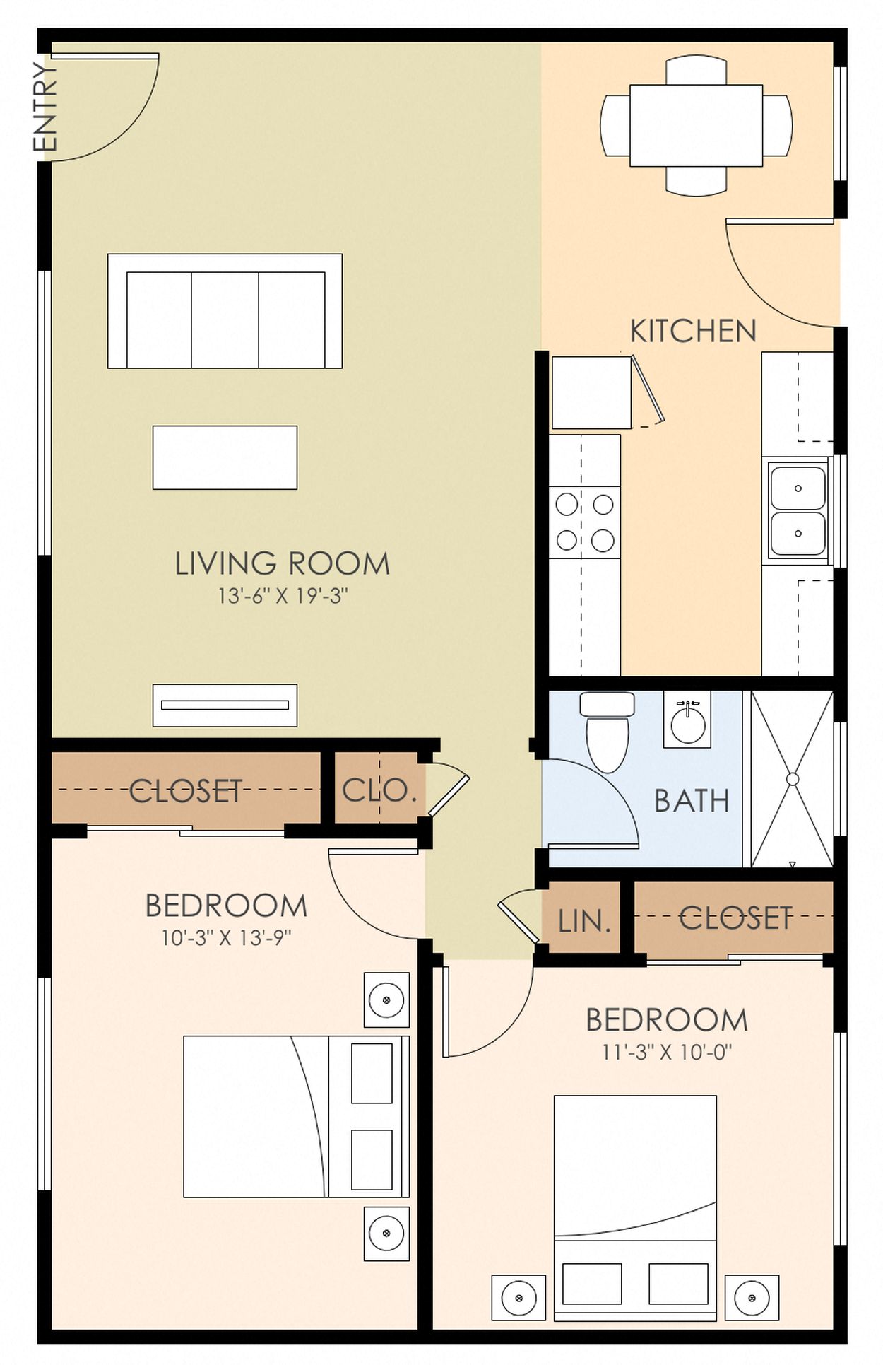 Floor plan for 2 beds, 1 bath, 778 sqft